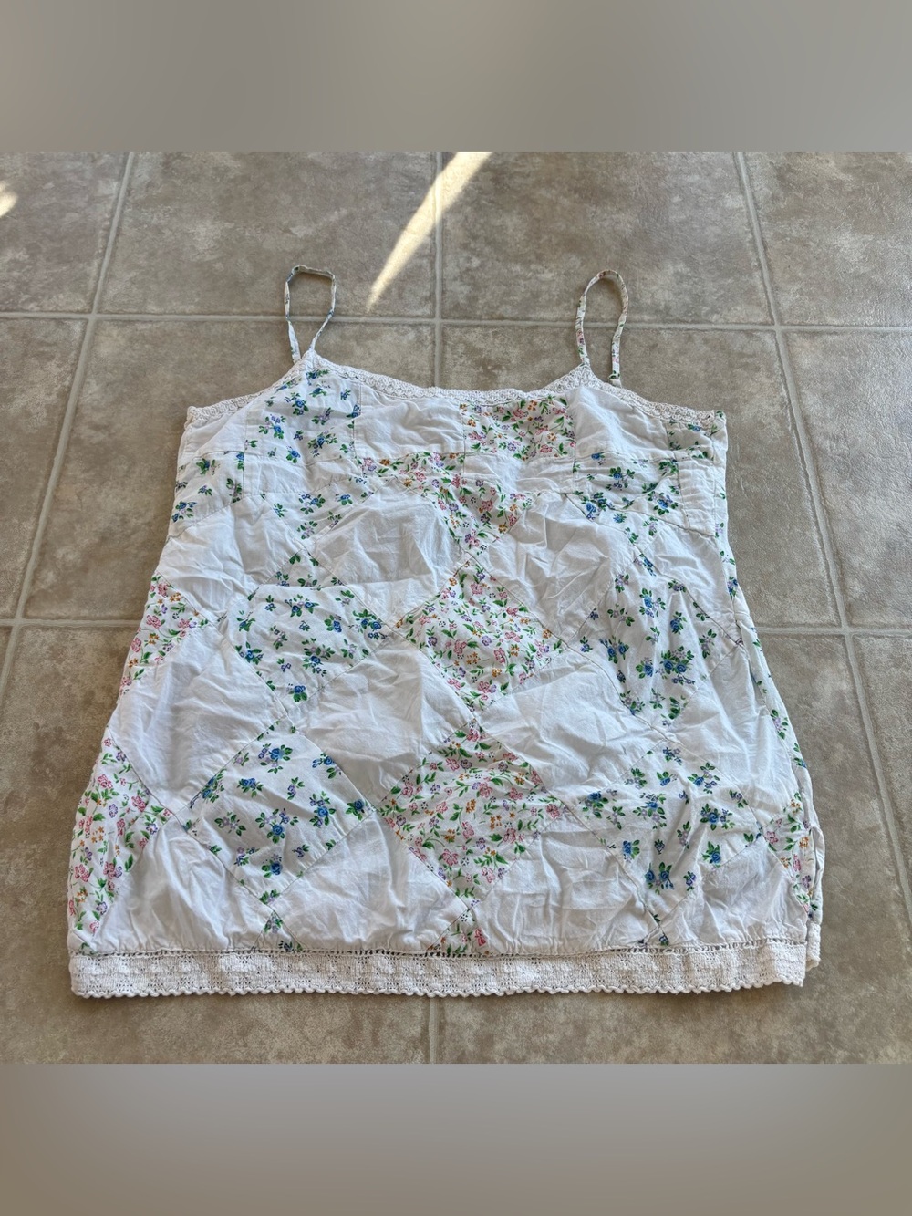White Floral Patchwork Lace-Trim Camisole Tank Top